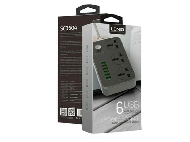 &u+  CARGADOR CELULAR ZAPATILLA 3.4A + 6 USB LDNIO SC3604